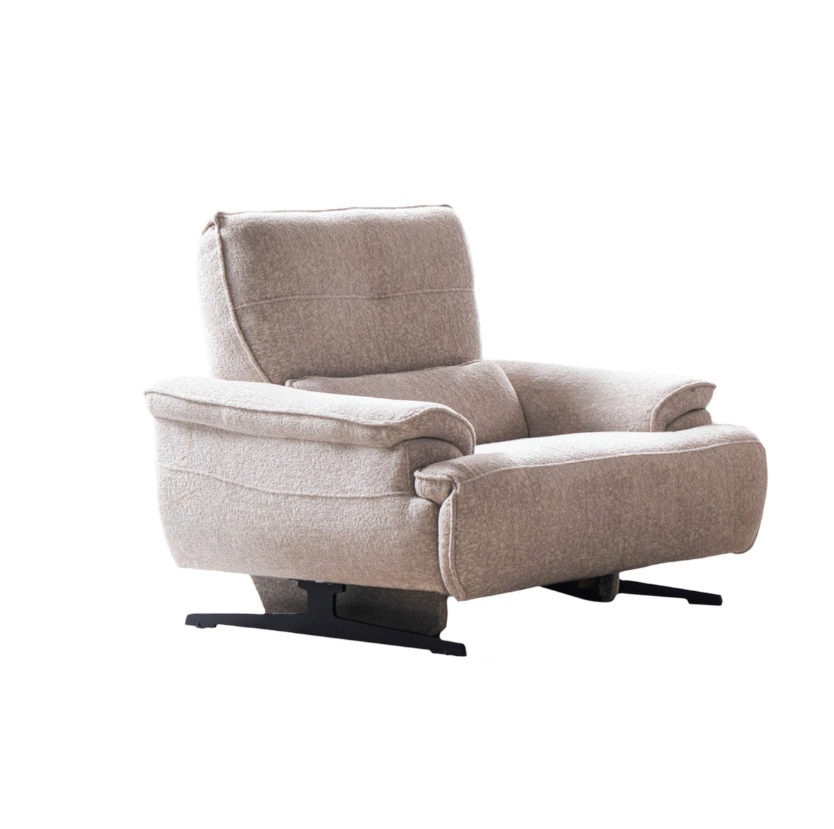 Fotoliu recliner electric Perge în textil bej cu fir buclat, cu brațe late rulate și mecanism metalic negru vizibil dedesubt