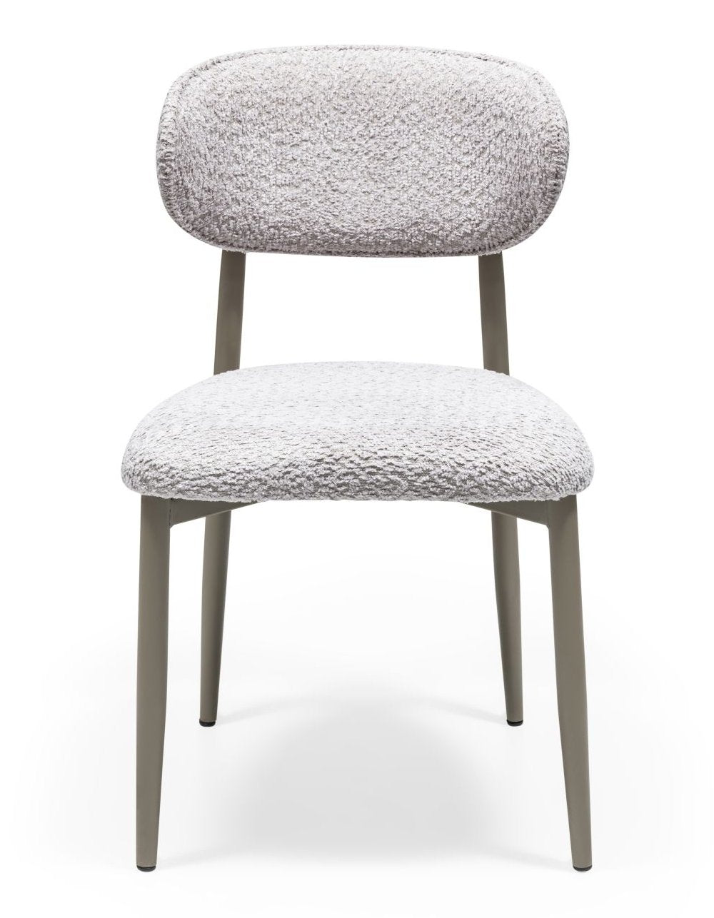 Scaun tapițat alb Vesta 12 cu spătar oval în material cu efect bouclé crem și picioare metalice gri-taupe