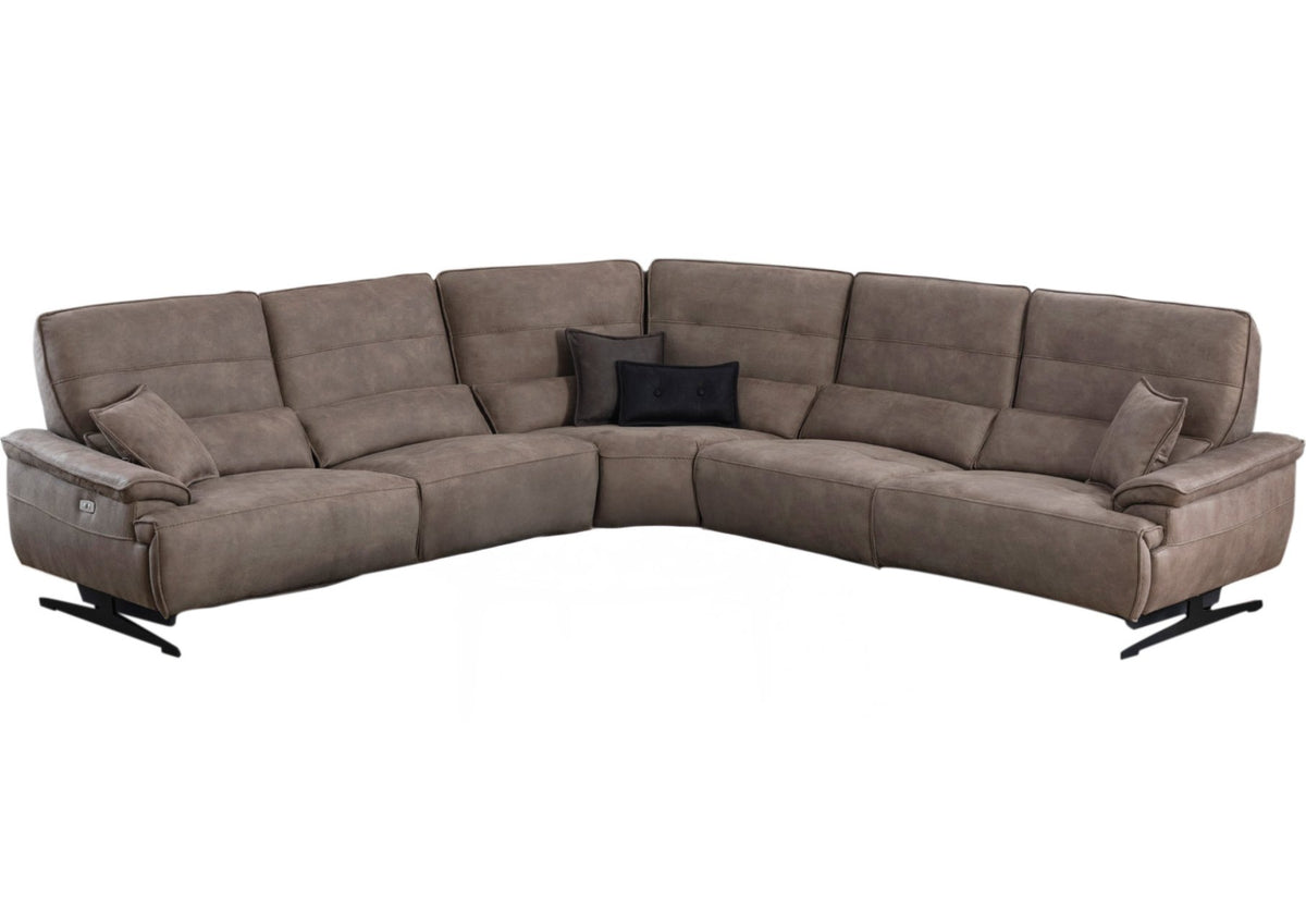 Colțar cu recliner Perge Corner în textilă cu aspect de nubuc maro-cenușiu, cu console între locuri și picioare negre