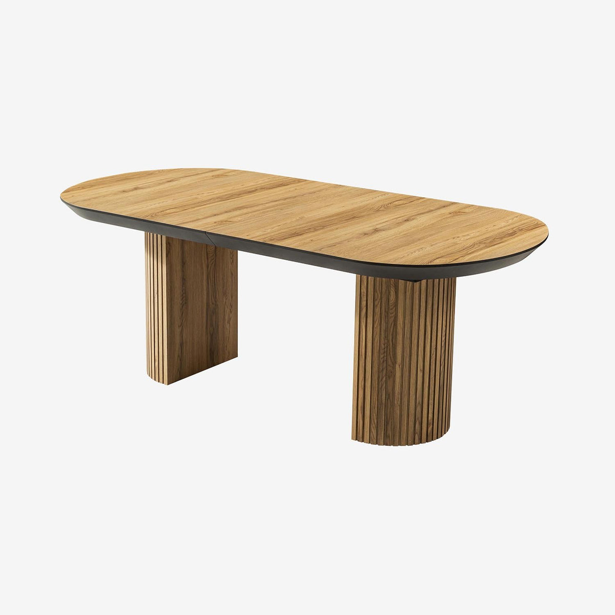 Masă extensibilă Tempo cu blat oval efect lemn deschis, muchie închisă și două picioare canelate, unul rotund și unul plat