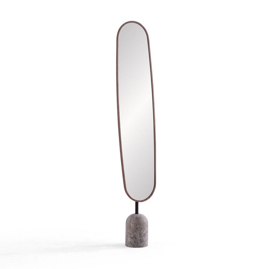 Oglindă living ZEN, ovală și îngustă, cu ramă subțire închisă la culoare, montată pe o bază rotundă cu aspect de piatră