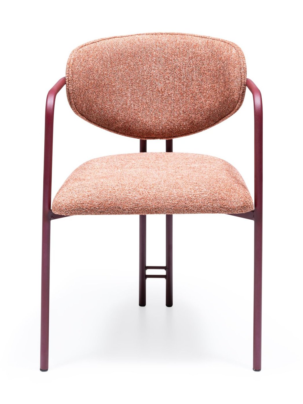 Scaun dining cu cotiere Vesta 01, cu tapițerie melanj terracotta, spătar oval suspendat și cadru metalic bordo