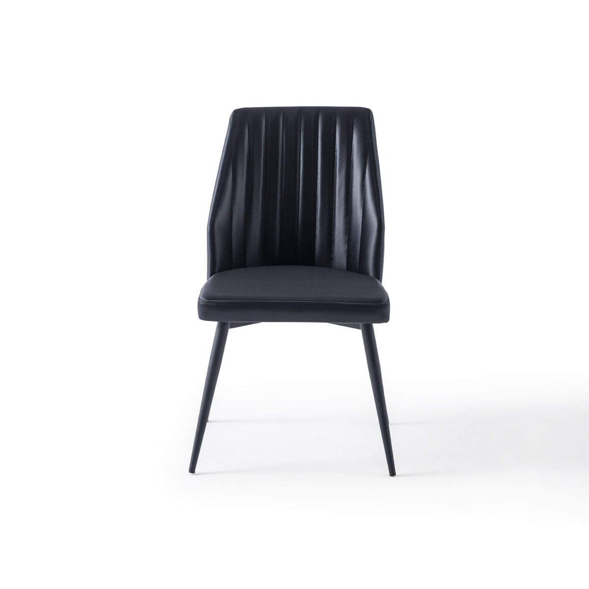Scaun tapițat living Vintage, negru, cu spătar înalt plisat vertical și picioare metalice conice evazate